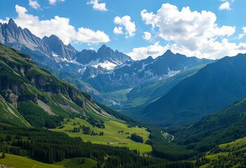 Obraz premium Majestic mountain range with lush green valley, geography, summit