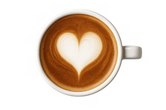 Coffee cup showing latte art heart, symbol of love and passion, top view, transparent background