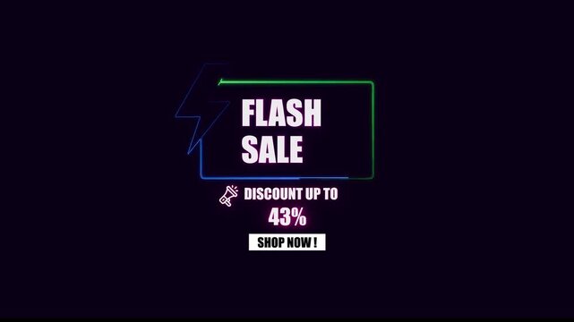 Animated 4K Flash Sale Banner Neon light effects on dark background highlight up to 43% off. Perfect for e-commerce, online promotions, and marketing campaigns.