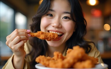 woman eating unhealthy fat fried chicken; portrait of unhealthy girl eating fat fried chicken, fast food; unhealthy eating, dining with high cholesterol fat concept; asian chinese 20s woman model