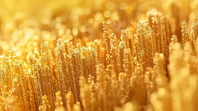 Golden microscopic filaments with luminous spherical tips in abstract formation