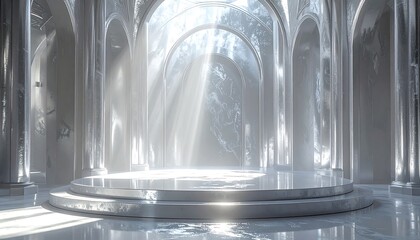 A celestial chamber with columns, arches, and a bright, central light