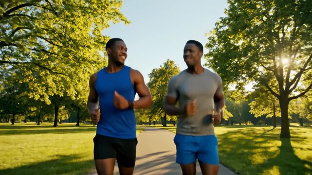 Two Smiling Men Running Together Along Park Path on a Sunny Day