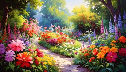 Vibrant colorful spring flowers in a forest landscape by a blue river under the summer sun and sky