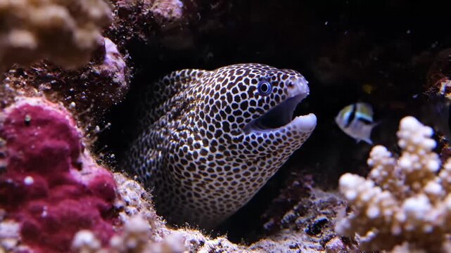 Spotted moray eel hunting with symbiotic fish in vibrant coral reef habitat