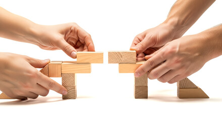 Team hands building bridge with wooden blocks for concept of collaboration, teamwork, group support, and achieving a common business goal