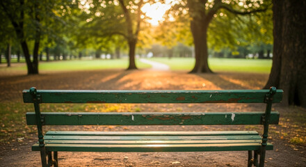 Empty green bench in summer park at sunset for concept of peace, loneliness, memory, or relaxation