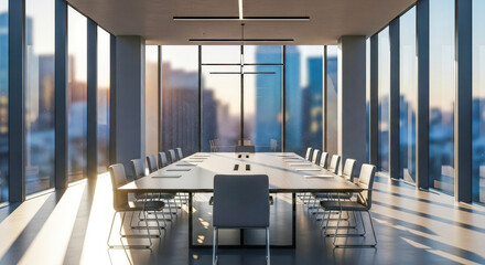 Plakat Modern empty conference room with panoramic city view for concept of corporate business, meeting, or strategic decision