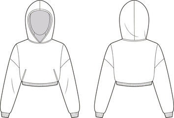 Cropped hoodie, fashion sketch, technical drawing, vector illustration, garment design, front view, back view, ribbed hem, dropped shoulder, oversized fit