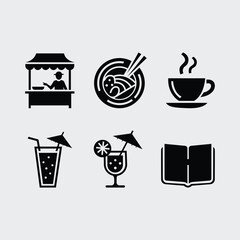 Variety of food and drink icons showing cafe restaurant coffee shop and leisure in modern minimalistic black and white design