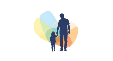 Fototapeta premium Silhouette of a father and daughter holding hands, with soft, colorful shapes in the background, symbolizing love, family bonds, and tender moments.