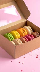 Box of colorful, delicious, sweet treats on a pink surface