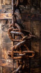 Thick rusted industrial chain wrapped around a weathered wooden post.