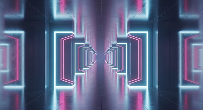 Abstract neon tunnel futuristic glow light corridor background space technology wallpaper design element