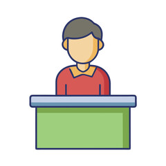 Stylized illustration of a person standing behind a desk with a green surface and blue trim
