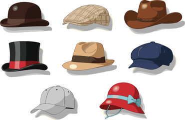 Hat collection illustration, fashion accessories, bowler hat, flat cap, cowboy hat, top hat, baseball cap, cloche, vector art, clipart