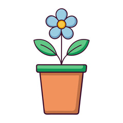 A simple cartoon illustration of a blue flower with a yellow center growing in an orange pot