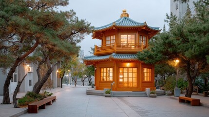 Fototapeta premium Traditional Chinese Pagoda Architecture With Intricate Wooden Details Illuminated At Dusk With Lush Green Trees And Benches In The Foreground