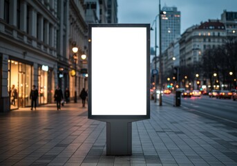 Blank outdoor advertising display stands prominently on a city sidewalk during twilight hours
