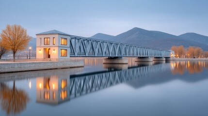 Obraz premium Tranquil Twilight Bridge Reflection Over Calm Water With Snow Dusted Mountains And Autumn Trees In The Distance Illuminated Building With Warm Lights