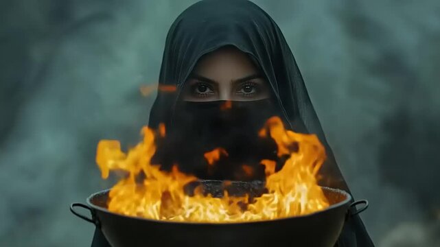 Woman wearing dark veil holding cauldron of intense flames