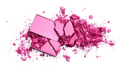 Broken pink makeup powder and eyeshadow on white background