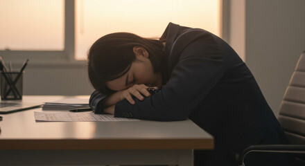 Obraz premium Young adult tired at desk with head on arms, evening light, stressed corporate mood, cluttered papers, work fatigue 