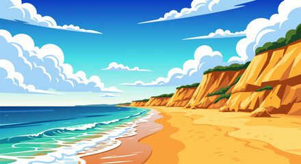 Scenic Beach Landscape Golden Sands, Azure Waters, and Dramatic Cliffs Under a Bright Blue Sky