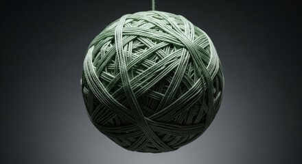 Tangled Green Yarn Ball Hanging on Dark Background