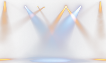 Stage lights illuminate a dark stage.  Four spotlights, two warm orange and two cool white, cast focused beams on a flat, dark surface  transparent background