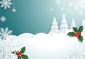 Christmas background with snowflakes, trees and holly berries in paper cut style