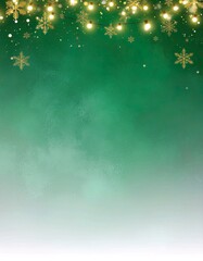 Elegant emerald green Christmas background with gold snowflakes and fairy lights