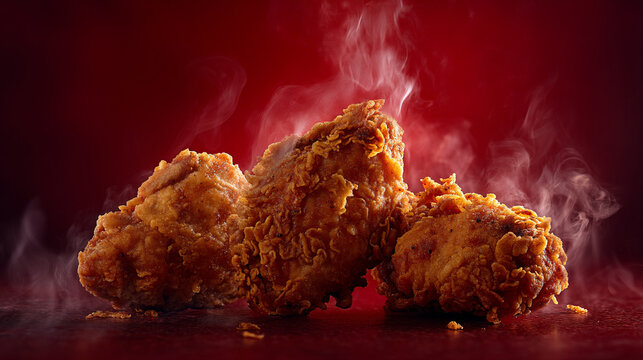 A close up of three pieces of crispy fried chicken with steam against a red gradient background