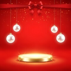 Christmas podium with ornaments and ribbon on a red background for product