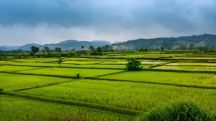 Naklejka premium Rice Paddy Terraces and Distant Hill Under Overcast Monsoon Clouds. Beautiful Mountain View of Purulia on a Rainy Day.