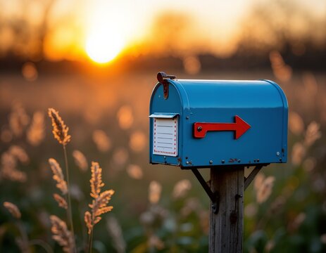 A blue mailbox with a red arrow pointing to the right, set against a sunset backdrop