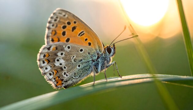 Butterfly with patterned wings sits on grass, backlit by the setting sun