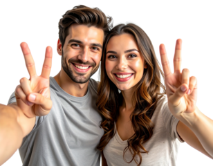 - Front View of Happy Couple Taking Selfie, Both Making Peace Signs, Isolated on Transparent Background