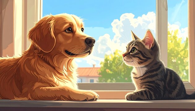 Canine and feline companions gaze at one another near a sunlit window