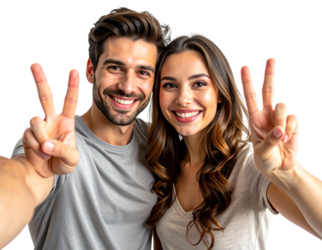  - Front View of Happy Couple Taking Selfie, Both Making Peace Signs, Isolated on Transparent Background