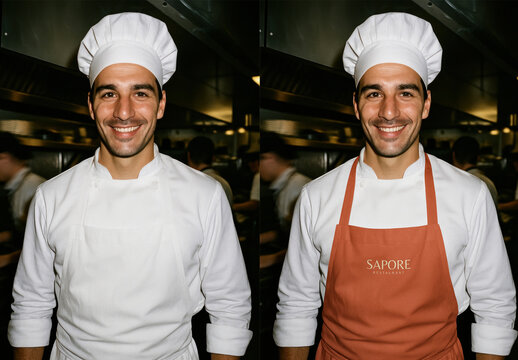 Chef Smiling In Professional Kitchen, Apron Mockup Psd