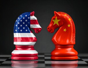 Naklejka premium Chess pieces stylized as horse heads, representing geopolitical rivalry