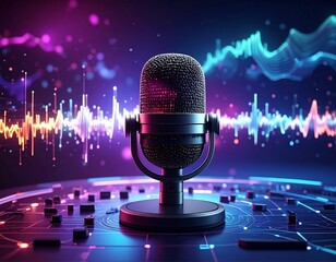 A studio microphone against a backdrop of sound wave visualizations