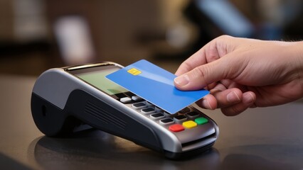 Checkout retail. Man's hand taps a blue credit card on a payment terminal at a store counter.