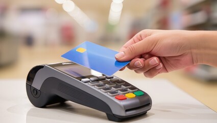 Woman's hand uses a blue card for contactless payment at a store checkout.