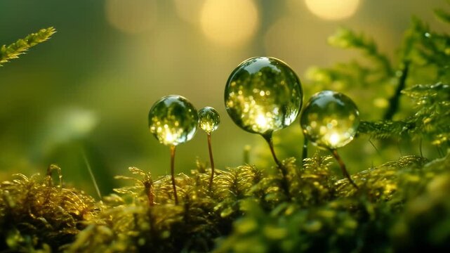 Close up of water drops on green moss illuminated with soft light