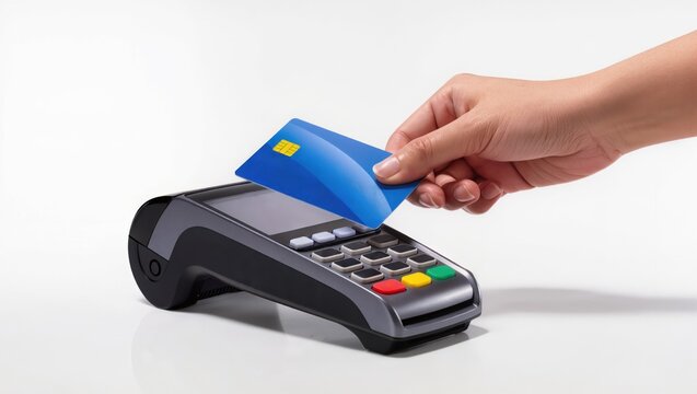 Checkout retail. Hand taps a blue credit card on a pos terminal for payment, isolated on white.