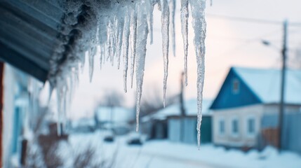 Close-up of icicles hanging from roof with snowy landscape and houses in