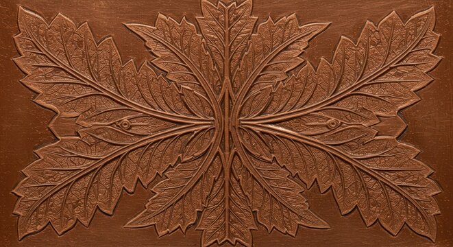 Fototapeta Ornate embossed copper panel displays symmetrical stylized foliage design