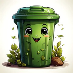 Cartoonish, green waste container with smiling face and surrounding greenery